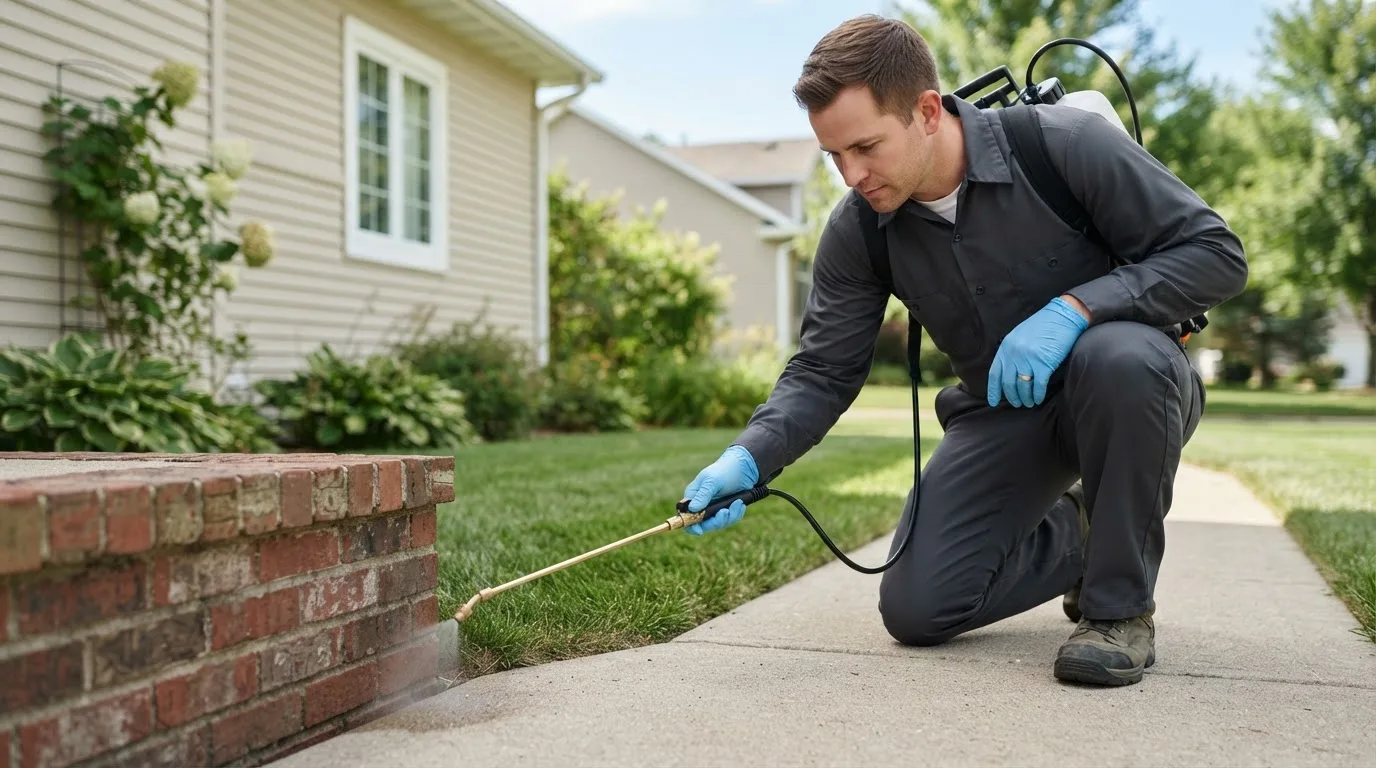 Pest control technician treating a home near Garita, NM